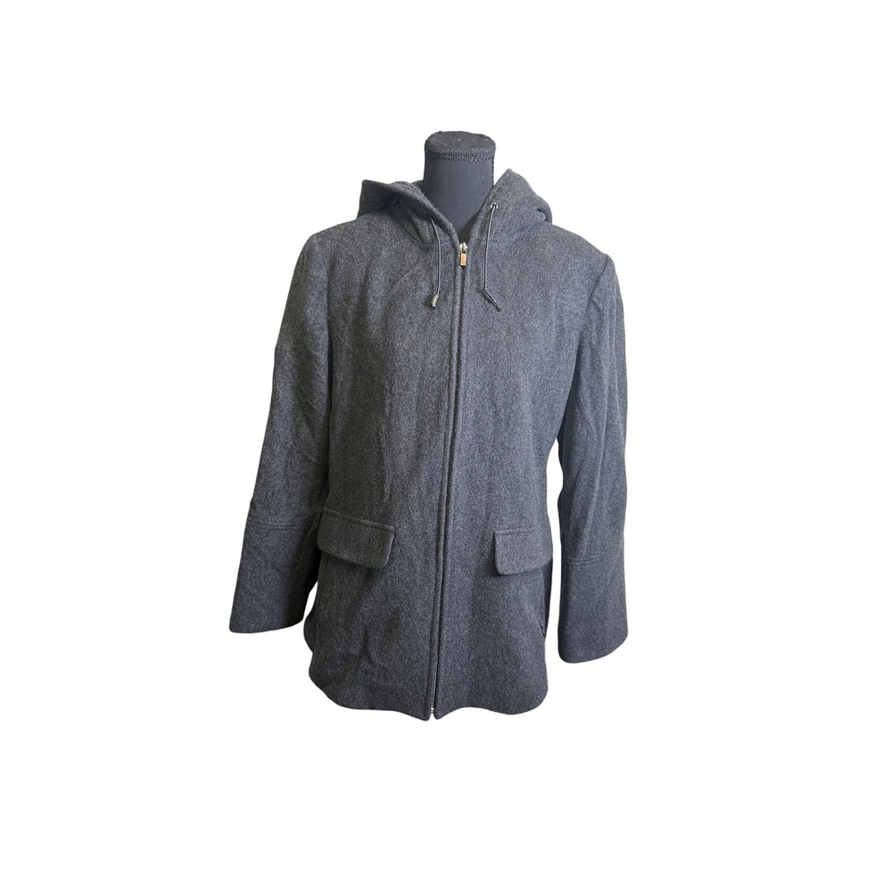 Anne Klein Wool Hooded Jacket M Gray Vintage 90s Full Zip Warm Minimalist Coat